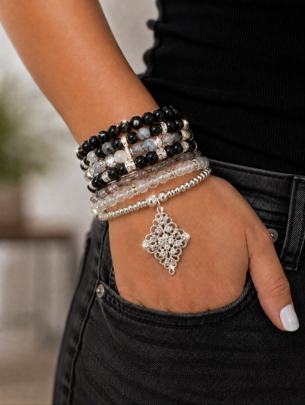 Midnight Elegance Memory Wire Wrap Bracelet with Crystal Filigree Charm